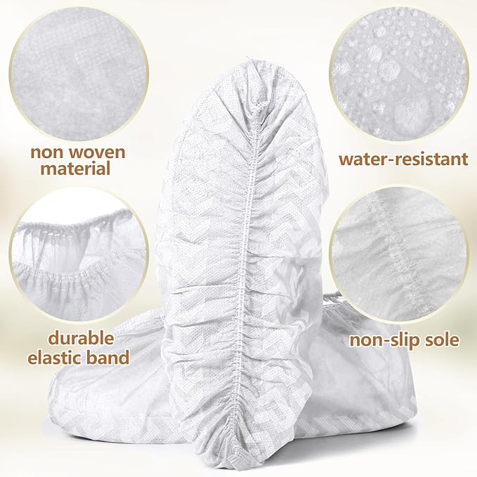 Zhanmai 300 Pack Disposable Shoe Covers Non Slip Disposable Large Foot Booties Shoe Covers for Indoors Contractors Floor and Carpet Protectors, One Size Fits Most(White)