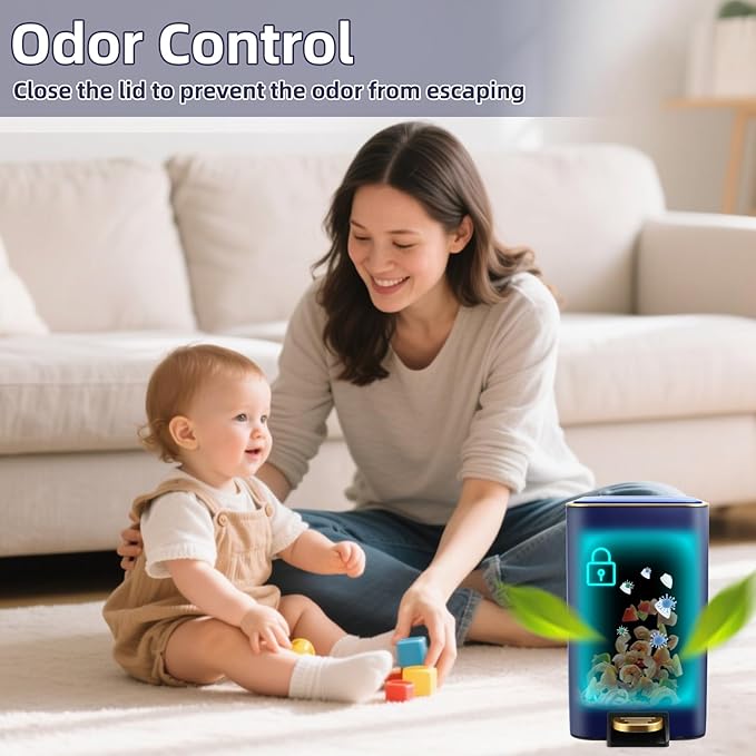 Small Bathroom Trash Can with Lid Soft Close, 1.8 Gallon Stainless Steel Garbage Can with Removable Inner Bucket,80Count Trash Bags, Slim Step Pedal Trash Bins