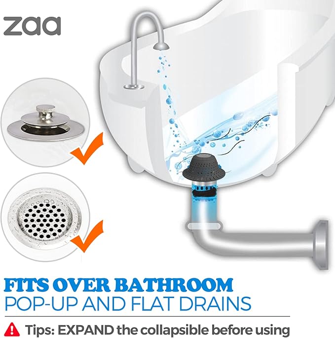 zaa Bathtub Drain Hair Catcher, 2 Pack Silicone Collapsible Bathtub Drain Cover Hair Catcher & Protector for Pop-Up & Regular Drains of Shower, Bathtub, Tub, Bathroom, Sink, Black Black