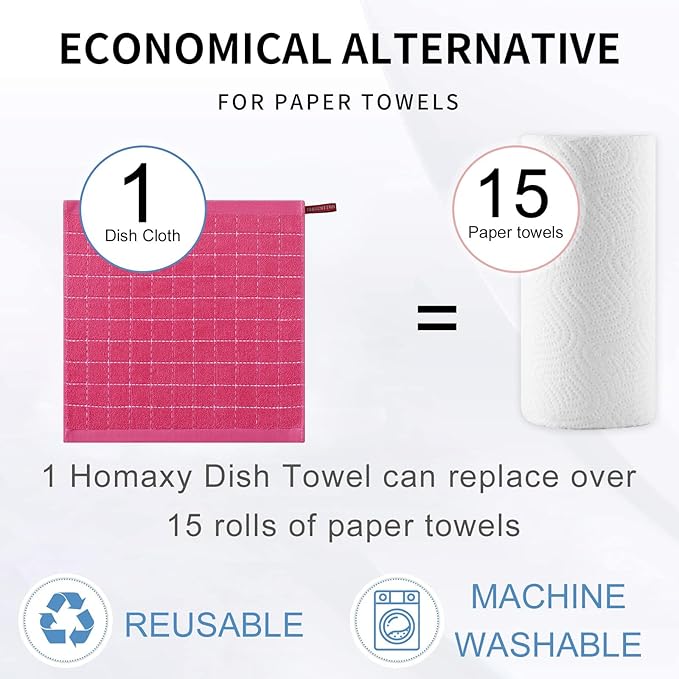Homaxy 100% Cotton Terry Kitchen Dish Cloths, Ultra Soft and Absorbent Dish Towels for Kitchen, Suitable for Drying and Washing Dishes, 12 Pack, 12 x 12 Inches, Rose Red
