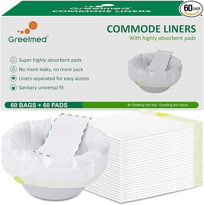 Commode Liners with Absorbent Pads - 60 Pack Disposable Potty Liners for Portable Potty Chair, Large Strong Bags for Camping or Portable Toilet with Gel - Fit All Standard Commode Chair Bucket