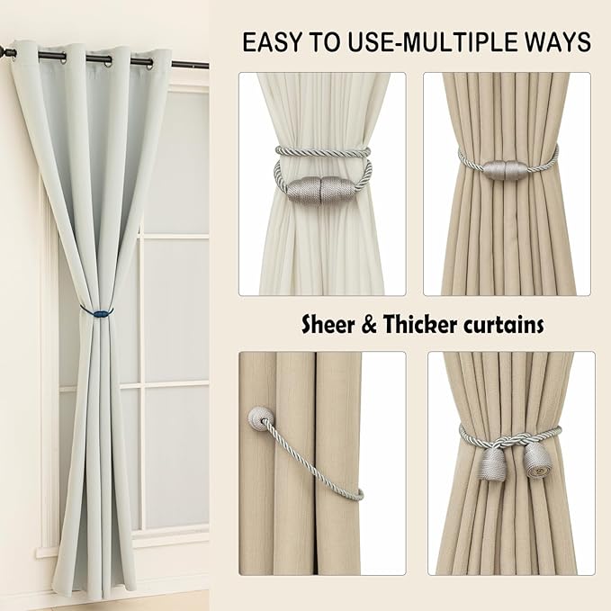 Magnetic Curtain Tiebacks Rope Curtain Tie Backs for Curtains 4 Pack Curtain Holders for Drapes Decorative Window Curtain Holdbacks, Grey