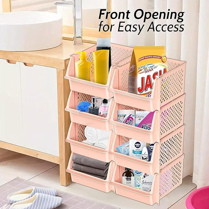 Skywin Stackable Storage Bins for Pantry, 12 Pack Stackable Bins For Organizing Food, Kitchen, and Bathroom Essentials (Light Pink)