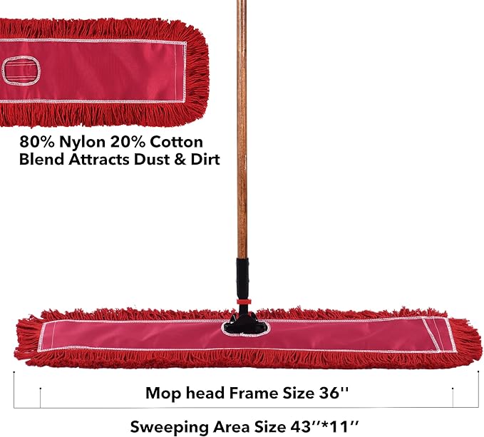 Matthew Cleaning 36'' Industrial Strength Cotton Dust Mop Refill Washable Replacement Heads for Residential & Commercial Use Fit Standard Dust Mop Frames, Hardwood, Concrete Floors Red 3 Pack