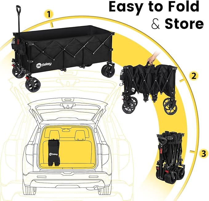 Sekey 48''L Collapsible Foldable Extended Wagon with 440lbs Weight Capacity, Heavy Duty 300L Folding Utility Garden Cart with Big All-Terrain Beach Wheels & Drink Holders. Black
