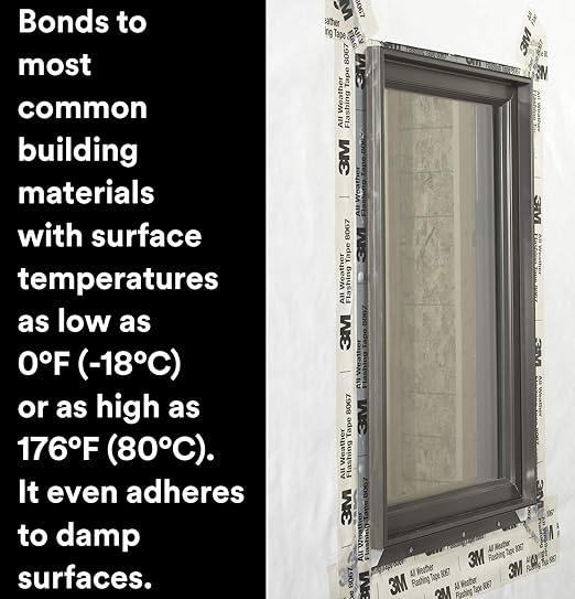 3M All Weather Flashing Tape 8067, 12 in x 75 ft, 1 Roll, Adhesive Backed Split Liner, Prevents Moisture Intrusion, Waterproof Flashing Seals Doors, Windows, Openings in Wood Frame Construction
