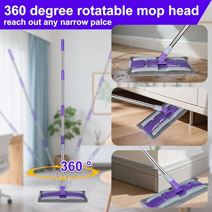 ITTAHO Microfiber Flat Mop Floor Cleaning System,Wet & Dry Dust Mopping with Stainless Steel Telescopic Handle,4 Reusable Mop Pads , Mops for Home,Laminate,Tile,Hardwoods Cleaning (Purple)