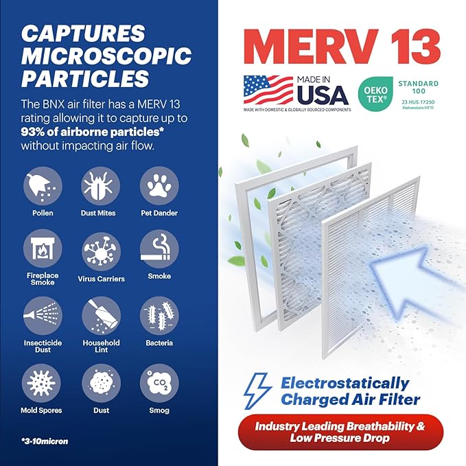 BNX TruFilter 18x20x1 Air Filter MERV 13 (6-Pack) - MADE IN USA - Electrostatic Pleated Air Conditioner HVAC AC Furnace Filters for Allergies, Pollen, Mold, Bacteria, Smoke, Allergen, MPR 1900 FPR 10