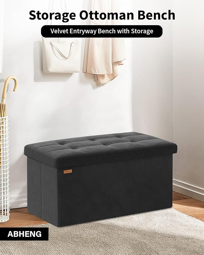 Folding Storage Ottoman, Velvet Storage Bench, Footrest, Removable Divider, for Living Room, Bedroom, 15 x 30 x 15 Inches, 660 lb Load Capacity, Ink Black UASND01B