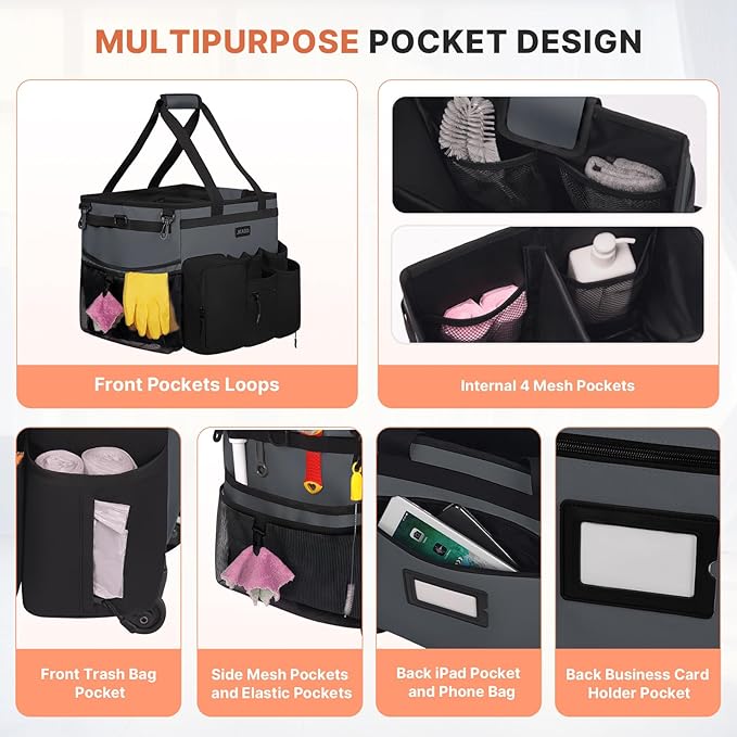 Large Rolling Cleaning Caddy Bag with Detachable Trolley, Waterproof Cleaning Caddy on Wheels for Housekeepers, Cleaning Cart Supplies Organizer for Home,Car,Office,Picnic(Gray)(InPatent)