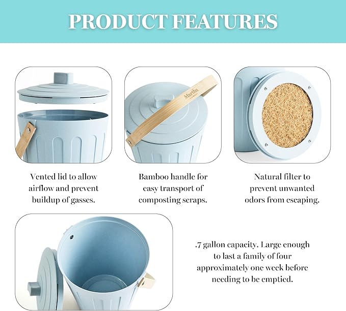 Martha Stewart Indoor Compost Bin | Countertop Composting Bucket for Kitchen | .7 Gallon Capacity | Includes Filter | Plant Based Materials | Linen White