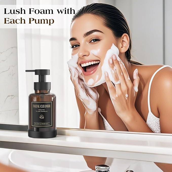 Luxspire Foaming Soap Dispenser, Glass Foam Pump Soap Dispenser, Non-Slip Silicone Sleeve & 5 Waterproof Labels, 15 Oz Refillable Liquid Bottle for Bathroom & Kitchen, Amber, 1 Pack