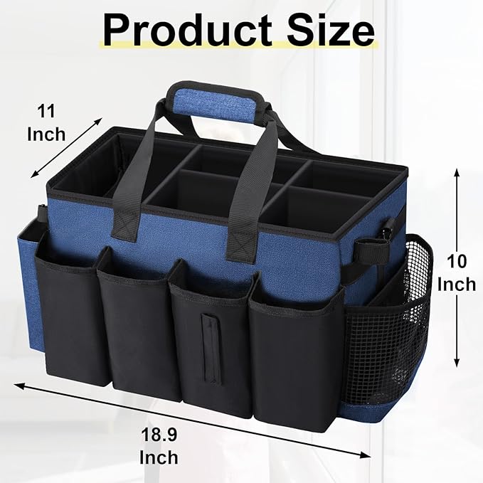 Wearable Large Cleaning Caddy Bag for Housekeeper, Clean Supply Organizer with Adjustable Shoulder, Waist & Handle Straps, Detailing Bag for Kitchen Supplies (Blue)