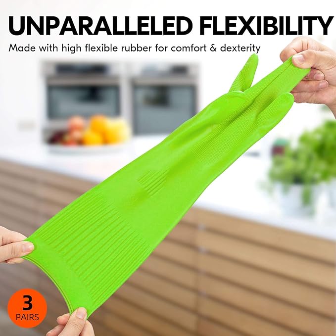 Vgo... 3-Pairs Dishwashing Gloves - Reusable Household, Kitchen, Long Sleeve, Thick Latex, Cleaning, Washing, Working, Painting, Gardening, Pet Care (Size M, Green, RB2143)