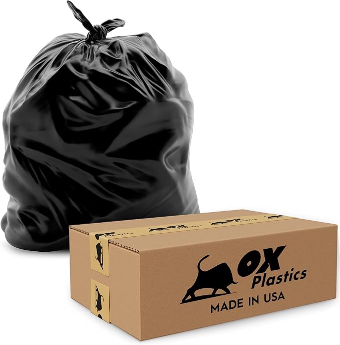 Ox Plastics 60 Gallon Trash Can Liners Garbage Bags - 100 Count & 2mil Thick Extra Heavy Duty Trash Bag Strength -Large Garbage, Leak-Proof & Durable
