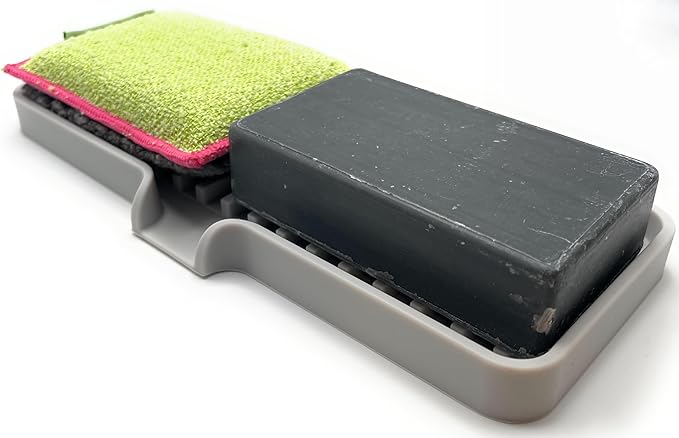 Happitasa Silicone Soap Dish Tray and Sponge Holder with Drain Chute | Bathroom and Kitchen Sink Organizer Caddy (Light Grey, 9"x3.5", 5.6 Ounces)