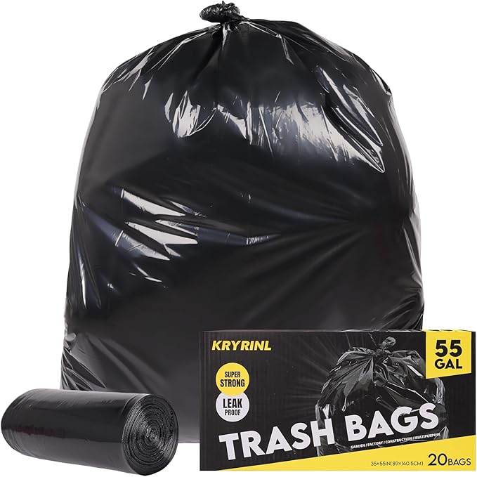 Heavy Duty Extra Large 55 Gallon Black Trash Bags, 1.92 Mil Industrial Garbage Bags for Construction, Waste Disposal,Commercial,Home Use,Out Door 20 Count