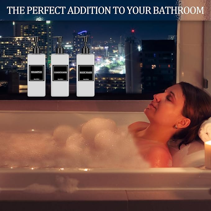 Tanlade 6 Pcs Shampoo and Conditioner Dispenser Bottles 16oz Modern Shower Soap Bottles with Pump, Labels and Marker Pen Easy to Refill Body Wash Dispensers for Home Bathroom Decoration (White)