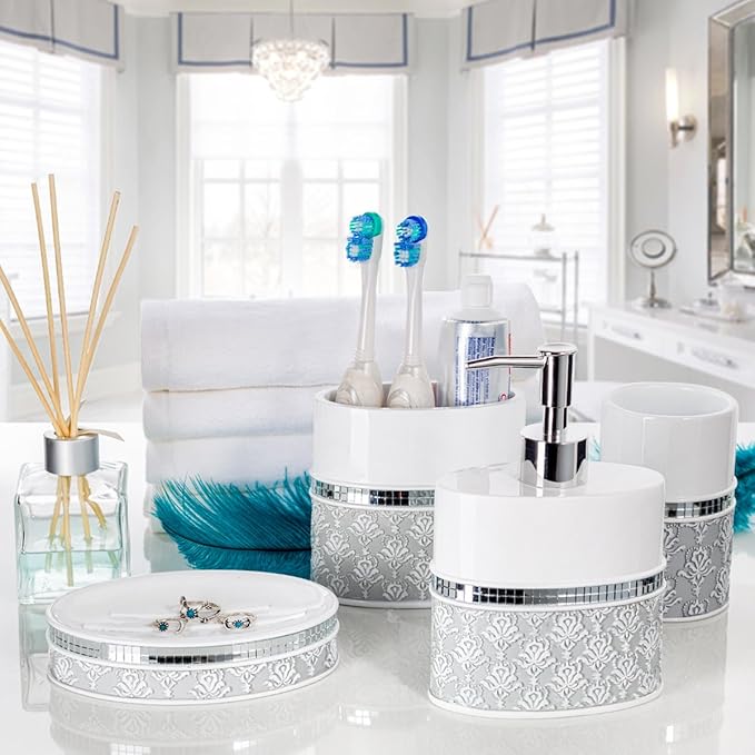 Creative Scents Mirror Damask Grey and White Soap Dispenser, Decorative Hand Soap Dispenser for Bathroom - Modern Countertop Lotion Dispenser with Durable Pump for Elegant Bathroom Decor