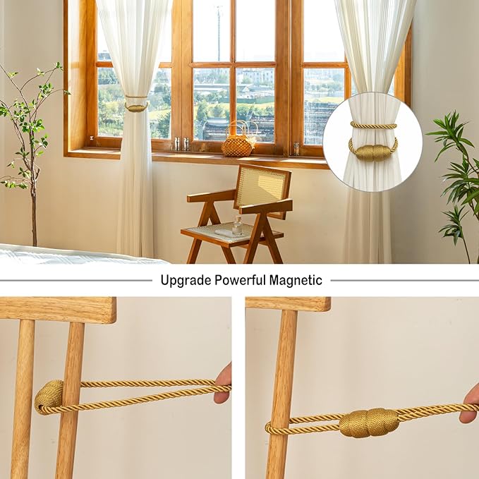 Magnetic Curtain Tiebacks Rope Curtain Tie Backs for Curtains 6 Pack Curtain Holders for Drapes Decorative Window Curtain Holdbacks, Gold