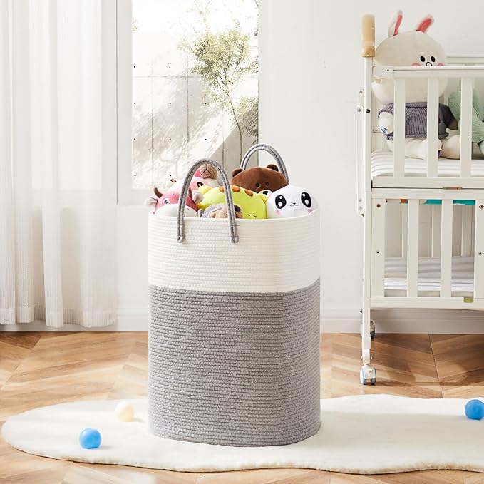 Laundry Basket,Woven Cotton Rope Laundry Hamper,Versatile Storage for Dirty Clothes,Baby Toys,and Blankets in Bathroom, Nursery,and Living Room (Grey, 80L)