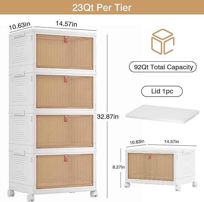 VECELO 4 Tier Storage Bins with Lid, Stackable Storage Boxes with Magnetic Doors & Wheels, Foldable Storage Containers, 23 QT Closet Organizers and Storage for Living Room, Office, Dorm