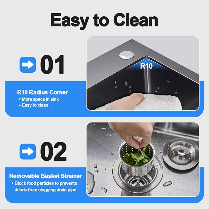 23x18 Inch Kitchen Sink, Handmade 304 Stainless Steel Sink, 9" Deep Single Bowl with Brushed Finish, Topmount with 2 Holes, R10 Tight Corner, for Modern Kitchen/RV/Outdoor Sink