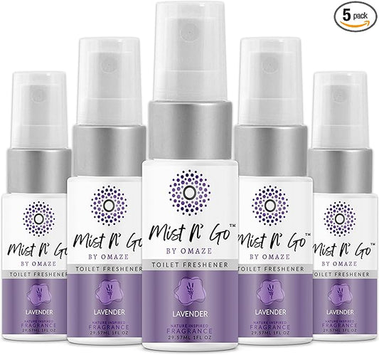 Mist N’ Go by Omaze Travel Bathroom Spray for Toilet Spray Odor Eliminator - Travel Toilet Spray for Bathroom Air Freshener Spray for Bathroom Deodorizer - Lavender Travel Size (1oz x5)