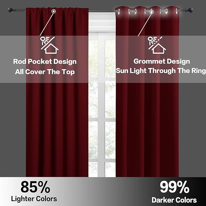 RYB HOME Blackout Curtains for Half Window Kitchen, Thermal Insulated Curtain Panels for Bedroom/Living Room, 42 x 36 inches Each Panel, Burgundy Red, 2 Panels