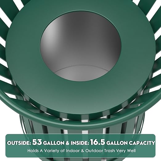 16Gallon/62L Commercial Outdoor & Indoor Metal Trash Can, Outdoor Slatted Trash Receptacle with Metal Linner, All Weather Resistant Large Outside Zone Round Garbage Bin for Street, Park, School-Green