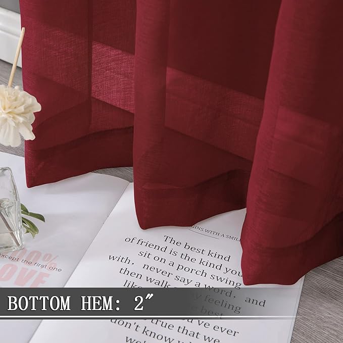 Tollpiz Short Sheer Curtain Linen Textured Living Room Curtains Sheer Light Filtering Rod Pocket Voile Curtain for Bedroom, 42 x 54 inches Long, Burgundy Red, Set of 2 Panels