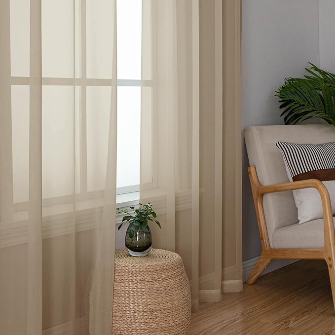 Chyhomenyc Taupe Sheer Curtains 54 Inch Long 2 Panels, Light Filtering Rod Pocket Voile Short Curtains Drapes for Living Room Bedroom Small Windows, 42Wx45L Inches
