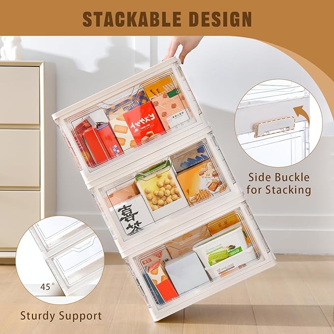 Stackable Plastic Storage Bins with Lids, Foldable Closet Organizers and Storage, 3 Drawer Storage Organizer，Clear Stackable Containers for Wardrobe,Bedroom,Office,Dorm