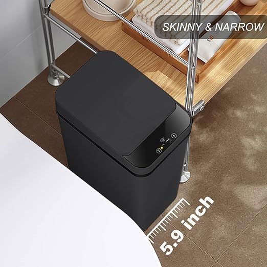 Yatmung 2 Pack - Skinny Trash Bin Sensor Motion 2.5 Gallon Touchless Bathroom Trash Can - Smart Trash Can with Lid - Electric, Narrow, Plastic, Auto Open - Small Slim Automatic Garbage Can (Black)