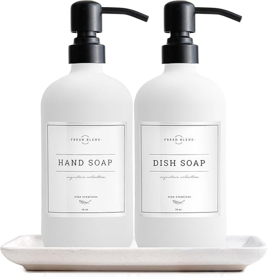 Vine Creations Glass Soap Dispenser, 2 Pack Kitchen Soap Dispenser Set with Ceramic Tray, Stainless Steel Pump, Dish Soap and Hand Soap Dispensers for Bathroom or Kitchen Decor with Waterproof Labels