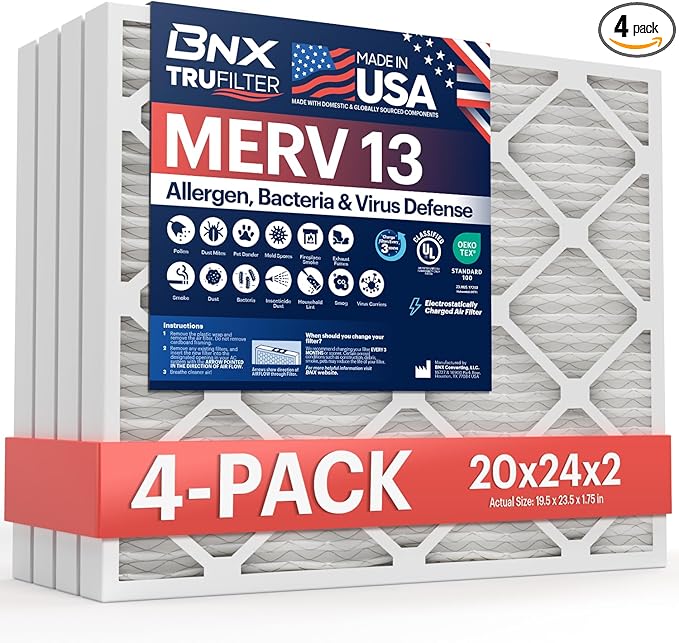 BNX TruFilter 20x24x2 Air Filter MERV 13 (4-Pack) - MADE IN USA - Electrostatic Pleated Air Conditioner HVAC AC Furnace Filters for Allergies, Pollen, Mold, Bacteria, Smoke, Allergen, MPR 1900 FPR 10