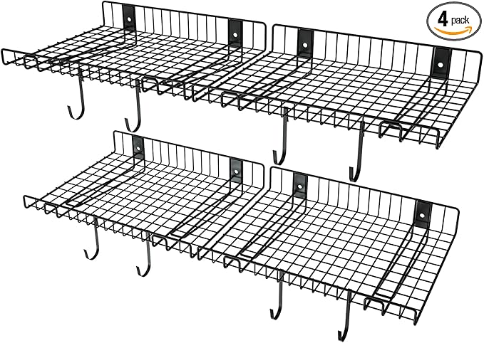 4 Pack Garage Wall Shelf, Wall Mounted Storage Shelves, Heavy Duty Metal Shelves for Room Wall, Loads 260 LBS Floating Shelves Mesh Storage Rack for Garage, Office, Basement,Wall Cabinet and Kitchen
