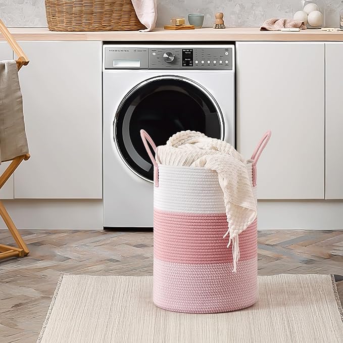 CLHMILY&Z 40L Laundry Basket Round Storage Rope Basket - 13x18 Inches - Pink Hamper in Bedreoom and Cute Storage Bin for Blankets, Toys, and Nursery Essentials