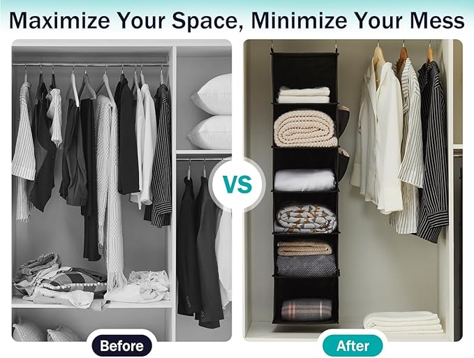 YOUDENOVA Hanging Closet Organizer, 6-Shelf Closet Hanging Storage Shelves, 2 Packs, Black