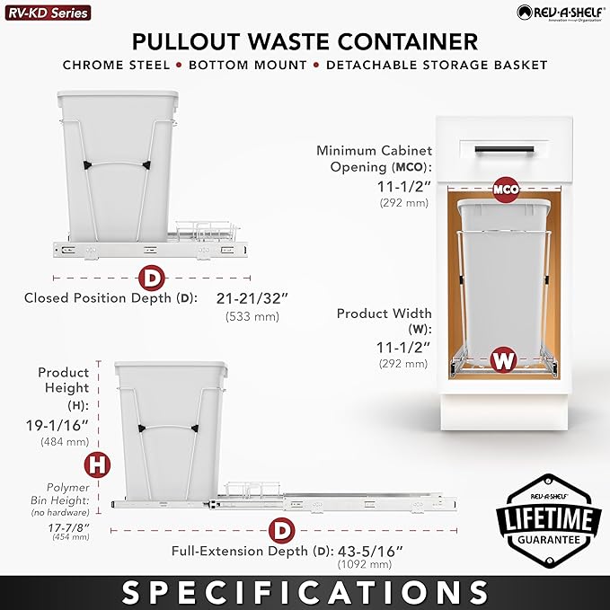 Rev-A-Shelf Pullout Trash Can for Kitchen Cabinets 35 Qt Garbage Waste Recycling Bin with Full Extension Slides, Green, RV-12KD-19C-S