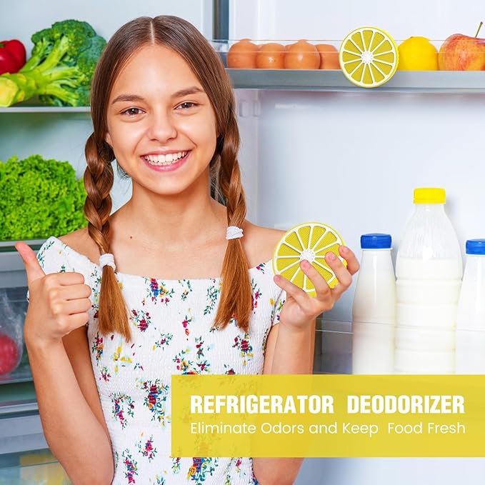 Refrigerator Deodorizer for Kitchen & Small Spaces, 2 Years Fresh Odor Eliminator for Fridge with AOP-KF Solid Alkali Tech, Lemon Design & Adjustable Clip Design (2.7"/50g)