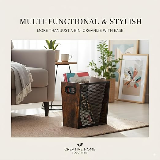 Piskyet Rustic Office Trash Can for Near Desk, 4.5 Gallon Unique Wood Bedroom Garbage Can,Vintage Wastebasket with Handle, Decorative Trash Can for Home Office,10.8" L x 7.8" W x 11.8" H