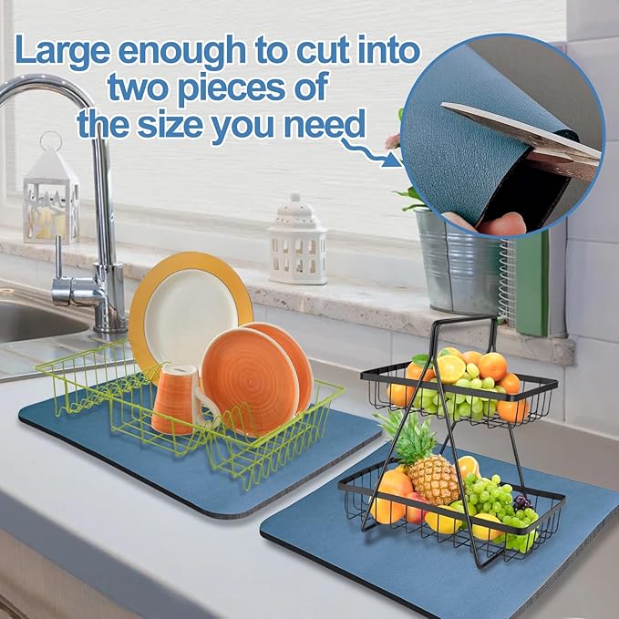 Dish Drying Mat for Kitchen Counter, 17"x31.5" Dish Drying Pad with Non-slip Rubber Backed, Hide Stain Anti Absorbent for Kitchen Counter, Drying Mat for Coffee Machine Dish Rack (Blue)
