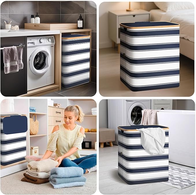 BALEINE Laundry Hamper with Lid, Tall Laundry Baskets with Bamboo Pull Handles, Large Laundry Bin with Internal Support (36 Gal/140L, Blue Stripe)