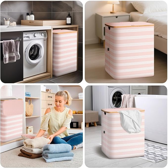 BALEINE Laundry Hamper with Lid, Tall Laundry Baskets with Bamboo Pull Handles, Large Laundry Bin with Internal Support (36 Gal/140L, Pink Pinstripe)