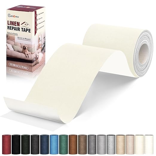 Linen Repair Tape 4x79 inch, Self Adhesive Fabric Patches, Linen Patch Tape Kit, Fabric Repair Tape for Couch Sofas, Headboards, Chairs, Pillows, Curtains, Couches - Beige White