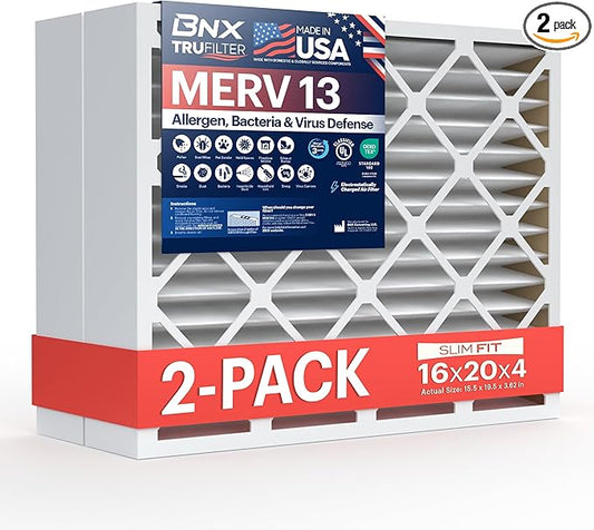 BNX TruFilter 16x20x4 (15.5’’ x 19.5’’ x 3.63‘’ Slim Fit) MERV 13 Air Filter (2-Pack) - MADE IN USA - Air Conditioner HVAC AC Furnace Filters Health, Allergies, Mold, Bacteria, Smoke, MPR 1900 FPR 10