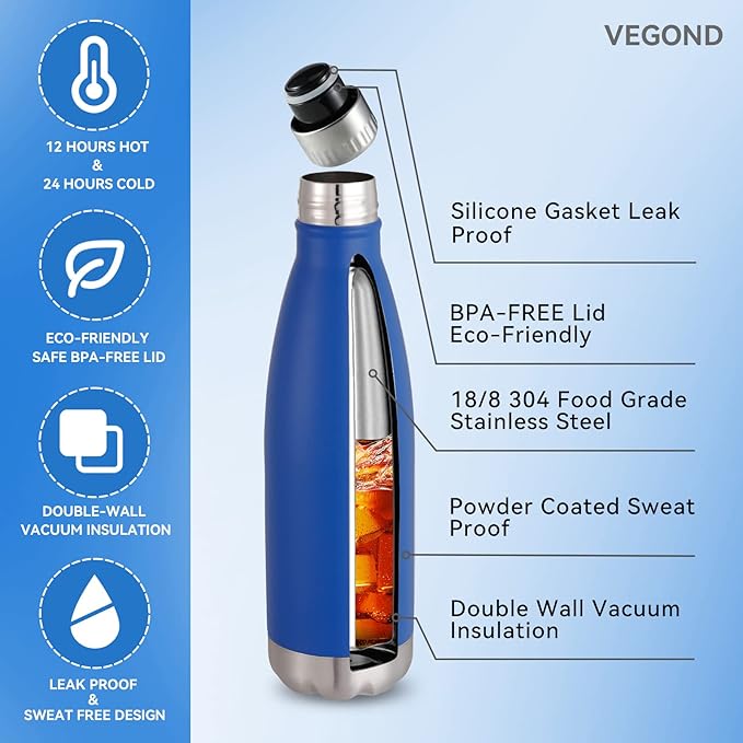 VEGOND 17oz Stainless Steel Water Bottles Bulk, Reusable Metal Sports Water Bottle Keeps Drink Hot and Cold, BPA Free Double Wall Vacuum Cola Shape Insulated Water Bottles for Camping Gym, 4 Pack