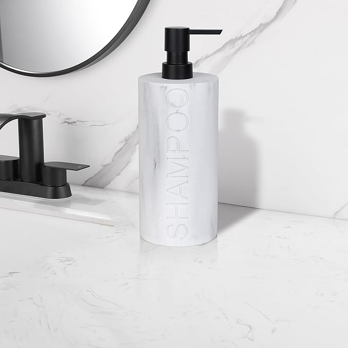 Matte White Shampoo Dispenser Modern Refillable Pump Bottle with Embossed Text, Durable Resin Construction for Bathroom and Kitchen