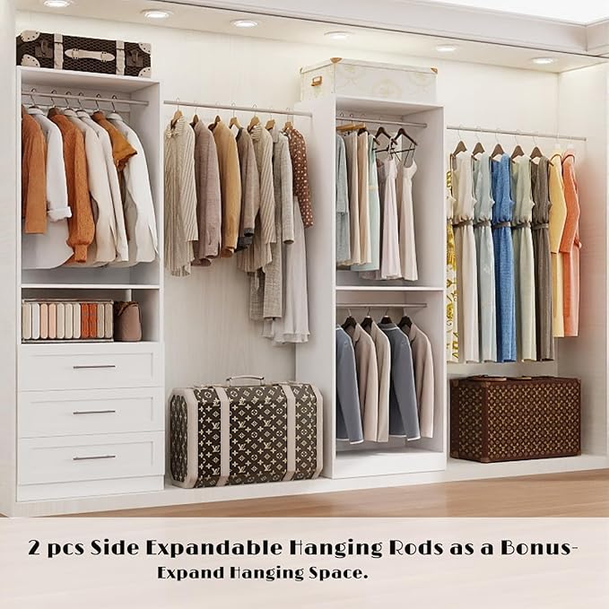 Closet System with 2 Sets, 4FT Closet Organizer Systems with 3 Wooden Drawers & 5 Hanging Rods, Walk in Closet Standalone Corner Closet System Modular Closet System Set White (4FT)
